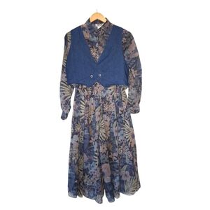 Vintage Coord Set Blouse, Reversible Vest & Wide Leg Pants Floral Prairie Boho